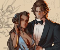 Rule 34 | 1boy, 1girl, ana (overwatch), breasts, brown hair, captain amari, cassidy (overwatch), dark-skinned female, dark skin, et.m, eyepatch, facial tattoo, formal, hair ornament, hat, long hair, looking at viewer, mission: impossible, overwatch, overwatch 1, smile, suit, tattoo, aged down