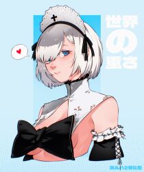 Rule 34 | 1girl, 2b (nier:automata), black bow, blue eyes, bow, breasts, cesar art456, cropped torso, detached sleeves, frills, hairband, heart, heart print, highres, looking at viewer, maid headdress, medium breasts, nier:automata, nier (series), short hair, simple background, solo, speech bubble, spoken heart, upper body, white hair