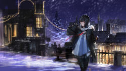 Rule 34 | 1girl, artist name, bad id, bad pixiv id, bag, bench, black hair, black jacket, christmas lights, christmas tree, fence, fur trim, jacket, looking at viewer, night, night sky, open clothes, open jacket, original, outdoors, pants, red eyes, sky, snow, snowing, solo, swd3e2, town, window