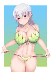 Rule 34 | 1girl, absurdres, adjusting clothes, adjusting swimsuit, bare shoulders, bikini, blush, breasts, cameltoe, cleavage, collarbone, earrings, fate/grand order, fate (series), frills, green bikini, groin, highres, jewelry, kama (fate), kama (swimsuit avenger) (fate), large breasts, long hair, looking at viewer, navel, red eyes, silver hair, standing, stomach, swimsuit, thighs