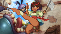 Rule 34 | 1girl, ajna (indivisible), axe, blood, brown hair, dark skin, draw-till-death, feet, fighting, hair ornament, highres, indivisible, kicking, monster, open mouth, outdoors, red eyes, saliva, saliva trail, sandals, short hair, skirt, thick thighs, thighs, tongue, tongue out