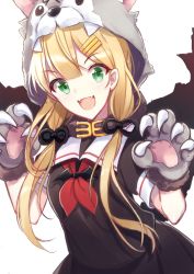 Rule 34 | 1girl, animal hands, black ribbon, black serafuku, blonde hair, chobo ume, claws, fangs, gloves, green eyes, grey scarf, hair ornament, hair ribbon, hairclip, highres, kantai collection, long hair, looking at viewer, neckerchief, paw gloves, red neckerchief, ribbon, scarf, school uniform, serafuku, simple background, solo, tress ribbon, upper body, white background, wolf hood, yuudachi (kancolle)