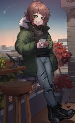 Rule 34 | 1girl, against railing, balcony, black footwear, black sweater, blush, boots, brown hair, coffee mug, commentary, cup, denim, english commentary, full body, fur-trimmed jacket, fur trim, green eyes, green jacket, grin, highres, holding, holding cup, jacket, jeans, k-rha&#039;s, long sleeves, looking at viewer, mug, open clothes, open jacket, original, outdoors, pants, railing, short hair, sky, smile, solo, star (sky), starry sky, sweater, torn clothes, torn jeans, torn pants, turtleneck, turtleneck sweater