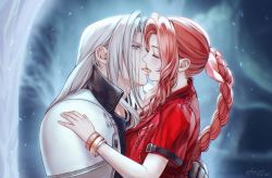 Rule 34 | 1boy, 1girl, aerith gainsborough, aqua eyes, armor, black jacket, blurry, blurry background, braid, braided ponytail, brown hair, closed eyes, couple, dated, final fantasy, final fantasy vii, final fantasy vii remake, french kiss, grey hair, hair behind ear, hair ribbon, hand on another&#039;s back, hand on another&#039;s shoulder, hetero, jacket, kay-i, kiss, long bangs, long hair, looking at another, outdoors, parted bangs, pink ribbon, red jacket, ribbon, sephiroth, short sleeves, shoulder armor, sidelocks, square enix, straight hair, tree, twitter username, upper body, wavy hair