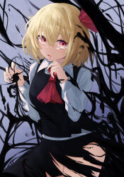 Rule 34 | 1girl, :p, absurdres, black skirt, black vest, blonde hair, blood, closed mouth, collared shirt, commentary, cowboy shot, darkness, fang, fang out, fingernails, hair between eyes, hair ribbon, hands up, highres, looking at viewer, nemuri namida rua, red eyes, red ribbon, ribbon, rumia, shirt, short hair, skin fang, skirt, solo, tongue, tongue out, torn clothes, torn skirt, touhou, vest, white shirt