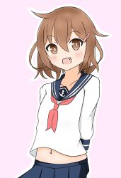 Rule 34 | :d, ahoge, blue sailor collar, blue skirt, blush, bob cut, brown eyes, brown hair, commentary, fang, hair between eyes, hair ornament, hairclip, highres, ikazuchi (kancolle), kantai collection, looking at viewer, midriff, midriff peek, mimmmoekaki, navel, neckerchief, open mouth, pink background, pleated skirt, raised eyebrows, red neckerchief, sailor collar, school uniform, serafuku, short hair, simple background, skirt, smile, solo, upper body