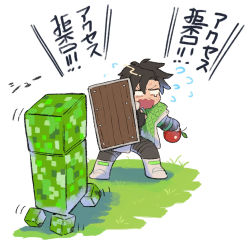Rule 34 | 1boy, animification, apex legends, apple, black pants, boots, brown hair, chibi, creeper, crossover, crypto (apex legends), food, fruit, gloves, highres, holding, holding food, holding fruit, holding shield, husagin, jacket, male focus, minecraft, nervous sweating, pants, partially fingerless gloves, shield, sweat, v-shaped eyebrows, white background, white eyes, white footwear, white jacket