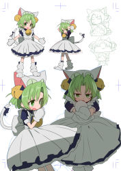 Rule 34 | 1girl, animal ears, apron, arm warmers, bell, blue dress, cat ears, chibi, dejiko, di gi charat, dress, fang, green eyes, green hair, hair bell, hair ornament, highres, jingle bell, looking at viewer, maid apron, medium hair, multiple views, neck bell, open mouth, smile, sumiyao (amam), white apron, white dress