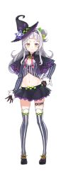 Rule 34 | 1girl, black skirt, blunt bangs, blush, brown gloves, closed mouth, cone hair bun, full body, gloves, grey hair, grey thighhighs, hair bun, hand on own hip, hat, hat ornament, hololive, long hair, looking at viewer, midriff, multicolored eyes, murasaki shion, murasaki shion (1st costume), navel, neck ribbon, official art, one side up, pinstripe pattern, pinstripe shirt, purple hat, red ribbon, ribbon, shirt, single side bun, skirt, smile, solo, striped clothes, striped shirt, striped thighhighs, tachi-e, tam-u, thighhighs, transparent background, vertical-striped clothes, vertical-striped shirt, vest, virtual youtuber