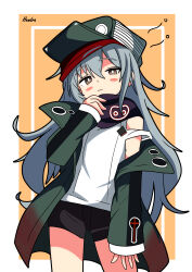 Rule 34 | 1girl, absurdres, adjusting scarf, arm at side, black scarf, black shorts, blush stickers, border, brown eyes, closed mouth, expressionless, g11 (girls&#039; frontline), girls&#039; frontline, green hat, green jacket, grey hair, hair between eyes, hat, hendra, highres, inset border, jacket, long hair, long sleeves, looking at viewer, open clothes, open jacket, orange background, outside border, scarf, shirt, shorts, sidelocks, simple background, sleeveless, sleeveless shirt, solo, white border, white shirt