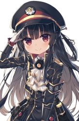 Rule 34 | 1girl, arm up, armband, black hair, black hat, black jacket, black skirt, closed mouth, collared shirt, commentary request, gloves, hachiroku (maitetsu), hair between eyes, hair ornament, hat, high-waist skirt, highres, jacket, long hair, long sleeves, maitetsu, open clothes, open jacket, peaked cap, red eyes, salute, shirt, simple background, skirt, sleeves past wrists, smile, solo, suspender skirt, suspenders, uniform, very long hair, wagashi928, white background, white gloves, white neckwear, white shirt