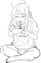 Rule 34 | 1girl, ahoge, barefoot, cafe92, chopsticks, closed eyes, closed mouth, commentary request, cup ramen, food, food in mouth, full body, greyscale, highres, holding, holding chopsticks, holding food, instant ramen, korean commentary, light blush, long hair, monochrome, noodles, original, shirt, short sleeves, sitting, solo