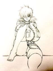 Rule 34 | 1girl, breasts, female focus, hellsing, huge breasts, hugging own legs, leg up, legs, monochrome, seras victoria, short hair, sitting, smile, solo, thick thighs, thighs, traditional media, uniform, wrato