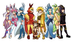 Rule 34 | 6+girls, abs, absurdly long hair, animal ears, black dress, black hair, blonde hair, blue dress, blue hair, boots, breasts, brown hair, cleavage, coat, collarbone, commentary, creatures (company), dress, eevee, english commentary, espeon, evolutionary line, flareon, full body, fur coat, fur trim, game freak, gen 1 pokemon, gen 2 pokemon, gen 4 pokemon, gen 6 pokemon, glaceon, hair ornament, hair ribbon, hands on own hips, high heels, jacket, jolteon, leafeon, long hair, multiple girls, navel, nintendo, one eye closed, personification, pink hair, pokemon, purple hair, red dress, ribbon, shoes, short hair, standing, sylveon, thighhighs, tina fate, umbreon, v, vaporeon, very long hair, vest