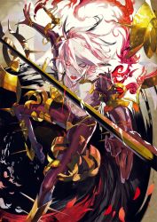 Rule 34 | 1boy, armor, bishounen, fate/apocrypha, fate/grand order, fate (series), fur collar, green eyes, hair between eyes, highres, holding, holding polearm, holding weapon, jewelry, karna (fate), looking at viewer, male focus, open mouth, pale skin, polearm, red eyes, short hair, solo, spear, weapon, white hair, ysk (yusuke)