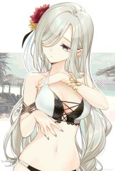 Rule 34 | 1girl, absurdres, bikini, blue eyes, bracelet, breasts, cleavage, closed mouth, ear piercing, flower, genshin impact, grey hair, grey nails, hair flower, hair ornament, hair over one eye, hand under clothes, hand under swimsuit, highres, jewelry, large breasts, long hair, looking away, memeno, nail polish, navel, piercing, red flower, shenhe (genshin impact), solo, stomach, swimsuit, upper body, very long hair, white bikini, yellow flower