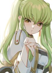 Rule 34 | 1girl, blowing kiss, breasts, c.c., code geass, commentary request, cosplay, creayus, earrings, frieren, frieren (cosplay), gold trim, green hair, hand up, jewelry, looking at viewer, medium breasts, parted lips, solo, twintails, upper body, yellow eyes