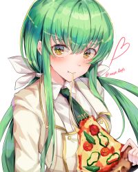 Rule 34 | 1girl, :t, absurdres, ashford academy school uniform, bow, c.c., cheese trail, code geass, collared shirt, eating, eyebrows hidden by hair, floating hair, food, green hair, green necktie, hair between eyes, hair bow, highres, jacket, long hair, looking at viewer, low twintails, necktie, pizza, pizza slice, school uniform, shirt, solo, twintails, twitter username, upper body, white background, white bow, white jacket, white shirt, wing collar, yellow eyes, yuunamida uyu