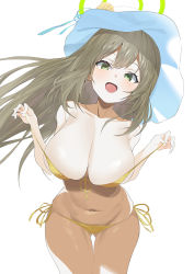 Rule 34 | 1girl, bikini, bikini pull, blue archive, breast press, breasts, cleavage, clothes pull, covered erect nipples, curvy, green eyes, grey hair, halo, hat, large breasts, navel, nonomi (blue archive), nonomi (swimsuit) (blue archive), osanpo02, skindentation, solo, sun hat, swimsuit, thick thighs, thigh gap, thighs, undressing, yellow bikini