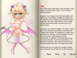 Rule 34 | 1girl, alexi (tits!), aqua eyes, blonde hair, boots, breasts, character profile, demon girl, elbow gloves, english text, gloves, green eyes, horns, huge breasts, mon-musu quest!, monster girl, oppai loli, rami (mon-musu quest!), ribbon, tail, thigh boots, thighhighs, wings