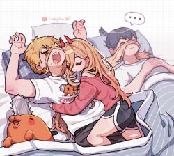 Rule 34 | ..., 1girl, 2boys, arms up, black hair, blonde hair, chainsaw, chainsaw man, closed eyes, cuddling, denji (chainsaw man), grid background, hair between eyes, hair flowing over, hayakawa aki, highres, horns, hug, lianbiglian, long hair, lying, multiple boys, off-shoulder sweater, off shoulder, on back, open mouth, own hands together, pink sweater, pochita (chainsaw man), power (chainsaw man), red horns, sharp teeth, shirt, short hair, shorts, simple background, sleeping, sleeping on person, smile, sweater, teeth, topknot, white background, white shirt