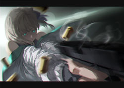 Rule 34 | 1girl, absurdres, aiming, brown hair, bullet casing, commentary, commentary request, detached sleeves, firing, glowing, glowing eyes, green eyes, gun, hair ribbon, handgun, highres, huge filesize, letterboxed, mikiton, original, pistol, ribbon, short hair, solo, weapon