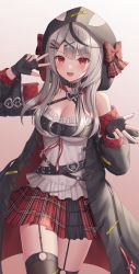 Rule 34 | 1girl, bad id, bad twitter id, bare shoulders, black coat, black gloves, black hair, blunt bangs, blush, braid, breasts, choker, coat, dot nose, double w, fang, fingerless gloves, foreshortening, frills, garter straps, gloves, gradient background, grey hair, hair ornament, hairclip, hands up, heart, highres, hololive, hood, hood up, large breasts, long hair, long sleeves, looking at viewer, miniskirt, multicolored hair, nail polish, open clothes, open coat, open mouth, plaid, plaid skirt, red eyes, red nails, red skirt, sakamata chloe, seungju lee, skirt, smile, solo, streaked hair, thighhighs, thighs, virtual youtuber, w, x hair ornament, zipper pull tab