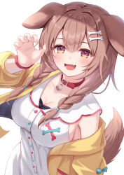 Rule 34 | 1girl, absurdres, animal ears, bare shoulders, brown hair, dog ears, highres, hololive, inugami korone, looking at viewer, medium hair, open clothes, open mouth, simple background, solo, togemaru34, virtual youtuber