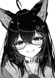 Rule 34 | 1girl, ahoge, animal ear fluff, animal ears, blush, bow, collared shirt, commentary request, dress shirt, glasses, greyscale, grin, hair between eyes, hair ornament, hairclip, highres, jacket, long hair, looking at viewer, macchiato (jae-min cho), mole, mole under eye, monochrome, open clothes, open jacket, shirt, simple background, smile, solo, upper body, vrchat, white background
