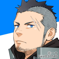 Rule 34 | 1boy, black hair, black shirt, blue eyes, commentary request, facial hair, frown, itto (mentaiko), layered clothes, looking at viewer, lowres, male focus, mohawk, original, portrait, profile picture, scar, scar across eye, scar on face, shirt