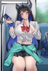 Rule 34 | 1girl, artist request, asymmetrical horns, backpack, bag, black hair, blue hair, blush, breasts, cellphone, clothes around waist, fingernails, gyaru, highres, hololive, hololive english, horns, large breasts, lips, long hair, mole, mole under eye, multicolored hair, nails, navel, nerissa ravencroft, one eye closed, open mouth, phone, red eyes, sharp fingernails, shirt, sitting, skirt, smile, sweater, sweater around waist, t-shirt, teeth, train interior, two-tone hair, v, virtual youtuber, wagon, window