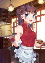 Rule 34 | 1girl, :d, ahoge, bamboo steamer, blue eyes, breasts, brown hair, ceiling, chair, china dress, chinese clothes, dress, food request, hair bun, hair ornament, highres, holding, holding plate, indoors, kodama (koda mat), light, looking at viewer, md5 mismatch, medium hair, open mouth, original, plate, resolution mismatch, sidelocks, single hair bun, small breasts, smile, solo, source larger, standing, waitress, window
