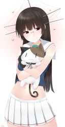 Rule 34 | 10s, 1girl, :3, absurdres, animal, bare arms, bare shoulders, black hair, blue vest, cat, choker, choukai (kancolle), closed mouth, contrapposto, cowboy shot, glasses, head tilt, headgear, heart, highres, holding, holding animal, hug, kantai collection, long hair, looking at viewer, navel, pink background, pleated skirt, red eyes, rimless eyewear, simple background, skirt, smile, solo, standing, stomach, very long hair, vest, whiskers, white skirt, yukichi (sukiyaki39), | |