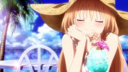 Rule 34 | 10s, 1girl, bare shoulders, bendy straw, blush, chair, closed eyes, cloud, cocktail, cocktail glass, cup, day, doma umaru, drinking glass, drinking straw, flower, hat, highres, himouto! umaru-chan, ice, ice cube, light brown hair, long hair, non-web source, ocean, palm tree, screencap, sleeveless, smile, stitched, straw hat, table, third-party edit, tree, very long hair
