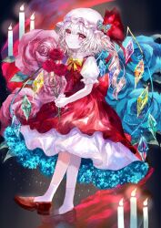 Rule 34 | 1girl, ascot, bat wings, blonde hair, blue flower, blue rose, candle, crystal, flandre scarlet, flower, full body, hat, hat ribbon, holding, holding flower, mob cap, multicolored wings, one side up, puffy short sleeves, puffy sleeves, red eyes, red flower, red footwear, red rose, red skirt, red vest, ribbon, rose, short sleeves, side ponytail, skirt, skirt set, socks, solo, suzushina, touhou, vest, white hat, white socks, wings, yellow ascot