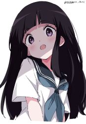 Rule 34 | 1girl, absurdres, blue neckerchief, blunt bangs, blush, brown hair, chitanda eru, commentary, cropped torso, grey sailor collar, highres, hyouka, long hair, looking at viewer, neckerchief, open mouth, purple eyes, sailor collar, school uniform, shirt, short sleeves, simple background, solo, twitter username, upper body, very long hair, white background, white gorilla (okamoto), white shirt