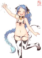 Rule 34 | 1girl, alternate costume, alternate hairstyle, animal ears, animal print, artist logo, bell, bikini, blue hair, braid, closed eyes, commentary request, cow ears, cow horns, cow print, cow tail, cowbell, cowboy shot, dated, ear tag, facing viewer, fake animal ears, fake horns, flat chest, front-tie top, gradient hair, groin, highres, horns, kanon (kurogane knights), kantai collection, long hair, multicolored hair, one-hour drawing challenge, open mouth, running, samidare (kancolle), side-tie bikini bottom, simple background, single braid, smile, solo, swept bangs, swimsuit, tail, thighhighs, untied bikini, very long hair, wardrobe malfunction, waving, white background, white bikini, white thighhighs