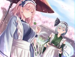 Rule 34 | 2girls, alternate costume, apron, blue eyes, blush, breasts, butterfly earrings, cherry blossoms, cup, dango, detached sleeves, earrings, eating, food, hair between eyes, hair ornament, hairclip, hakugyokurou, highres, japanese clothes, jewelry, konpaku youmu, konpaku youmu (ghost), large breasts, long sleeves, looking at viewer, maid apron, maid headdress, multiple girls, oil-paper umbrella, petals, pink eyes, pink hair, ribbon-trimmed sleeves, ribbon trim, saigyouji yuyuko, shiranui (wasuresateraito), silver hair, smile, teacup, touhou, tray, umbrella, wagashi, wide sleeves