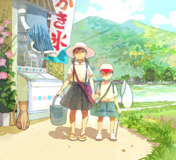 Rule 34 | 1boy, 1girl, bag, banner, black hair, blouse, blush, brother and sister, bucket, cat, child, day, flip-flops, flower, forest, frown, hand net, hat, height difference, hetero, holding hands, kooribata, lake, landscape, long hair, looking at viewer, messenger bag, morning glory, mountain, nature, net, nobori, original, outdoors, pleated skirt, pon (cielo), rural, sandals, scenery, shadow, shirt, shoes, shop, short hair, short twintails, shoulder bag, siblings, skirt, slippers, smile, tree, twintails, white shirt