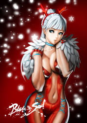 Rule 34 | 10s, 1girl, absurdres, antlers, blade &amp; soul, blue eyes, breasts, choker, cleavage, fake antlers, fingerless gloves, gloves, hairband, highres, horns, long hair, mole, navel, ponytail, silvester, snowflakes, solo, white hair