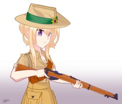 Rule 34 | absurdres, anzac, artist name, australia, belt, bolt action, breasts, gun, hat, highres, kantai collection, lee-enfield, military, military hat, military uniform, perth (kancolle), rifle, self-upload, signature, simple background, solo, uniform, weapon, world war ii