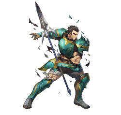 Rule 34 | 1boy, abs, armor, beard, black eyes, black hair, broken armor, chainmail, clenched teeth, dai-xt, damaged, facial hair, fire emblem, fire emblem: the sacred stones, fire emblem heroes, gilliam (fire emblem), green armor, leg armor, male focus, muscular, muscular male, nintendo, official art, pants, shoulder armor, solo, teeth, torn clothes, torn pants, v-shaped eyebrows, white background