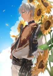 Rule 34 | 1boy, absurdres, arm at side, blue eyes, center opening, choker, closed mouth, cloud, commentary request, dark-skinned male, dark skin, earrings, flower, from side, grey hair, grey pants, grey shirt, hand on own hip, highres, hoshi rasuku, ibrahim (nijisanji), jewelry, looking at viewer, male focus, nijisanji, outdoors, pants, pectorals, petals, shirt, short hair, sky, smile, solo, sunflower, virtual youtuber