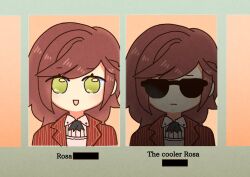 Rule 34 | 1girl, :d, brown hair, character name, closed mouth, collared shirt, green eyes, jacket, long hair, long sleeves, looking at viewer, meme, meryuukan, multiple views, open mouth, red jacket, rosa (tears of themis), shirt, smile, sunglasses, tears of themis, the cooler daniel (meme), upper body, white shirt, yearbook
