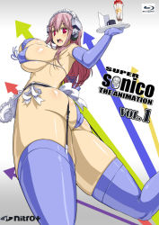 Rule 34 | 1girl, apron, arrow (symbol), ass, bikini, blu-ray cover, blush, breasts, copyright name, cover, drink, elbow gloves, covered erect nipples, garter belt, garter straps, gloves, headphones, huge breasts, long hair, maid headdress, micro bikini, nitroplus, open mouth, pink hair, plump, red eyes, skindentation, solo, super sonico, swimsuit, thighhighs, tray, uo denim, waist apron