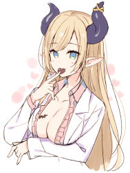 Rule 34 | 1girl, blonde hair, blue eyes, blush, breasts, candy, chocolate, chocolate heart, cleavage, closed mouth, collarbone, collared shirt, cropped torso, demon horns, food, frilled shirt, frills, heart, hololive, horns, lab coat, large breasts, long hair, long sleeves, looking away, meito (maze), open clothes, pink shirt, pointy ears, shirt, sleeves past wrists, solo, upper body, very long hair, virtual youtuber, white background, yuzuki choco, yuzuki choco (1st costume)