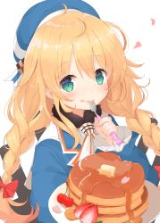 Rule 34 | 10s, 1girl, aged down, alternate hairstyle, atago (kancolle), beret, blonde hair, blue eyes, braid, cherry, eating, food, food on face, fork, fruit, hat, highres, holding, holding fork, holding plate, kagerou (shadowmage), kantai collection, long hair, long sleeves, military, military uniform, pancake, petals, plate, simple background, single braid, smile, solo, strawberry, uniform, utensil in mouth, white background