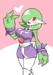 Rule 34 | 1girl, arm at side, back bow, bare shoulders, blush, bob cut, bow, breasts, clothed pokemon, colored skin, creatures (company), female focus, fishnets, game freak, gardevoir, gen 3 pokemon, green hair, green skin, hair over one eye, hand up, happy, heart, japanese clothes, kazamidoririnn, kimono, knee pads, looking at viewer, medium breasts, multicolored skin, ninja, nintendo, obi, one eye covered, open mouth, personification, pink background, pokemon, pokemon (creature), purple kimono, red eyes, sash, shiny skin, short hair, short kimono, simple background, sleeveless, sleeveless kimono, smile, solo, standing, thighs, two-tone background, two-tone skin, variant set, white bow, white skin, wristband