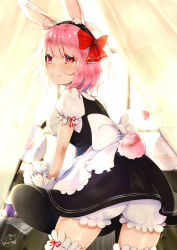 Rule 34 | 1girl, ahoge, animal ear fluff, animal ears, apron, backlighting, bloomers, blush, bow, breasts, chita (ketchup), commentary, curtains, day, frilled bow, frilled shorts, frilled sleeves, frilled thighhighs, frills, from behind, gloves, hair bow, hairband, highres, indoors, large breasts, looking back, maid, milestone celebration, original, pink eyes, pink hair, puffy short sleeves, puffy shorts, puffy sleeves, rabbit ears, rabbit girl, rabbit tail, red bow, short hair, short sleeves, shorts, signature, smile, solo, stuffed animal, stuffed rabbit, stuffed toy, tail, thighhighs, thighs, twitter username, underwear, vase, waist apron, white bloomers, white bow, white gloves, white thighhighs