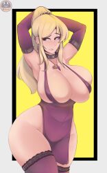 Rule 34 | 1girl, arms up, blonde hair, border, breasts, bursting breasts, cleavage, collar, cowboy shot, dress, elbow gloves, ferdinandusdart, gloves, grey border, huge breasts, long hair, looking to the side, metroid, nintendo, ponytail, purple dress, purple gloves, purple thighhighs, revealing clothes, samus aran, simple background, solo, standing, thighhighs, yellow background